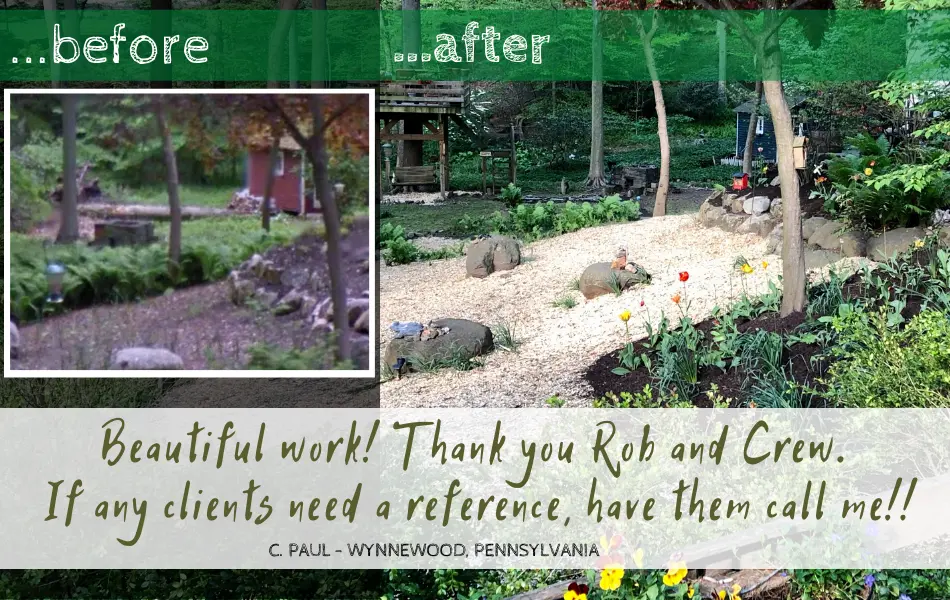 Before and after photographs of C. Paul's completed Wynnewood garden project, including the original handwritten testimonial