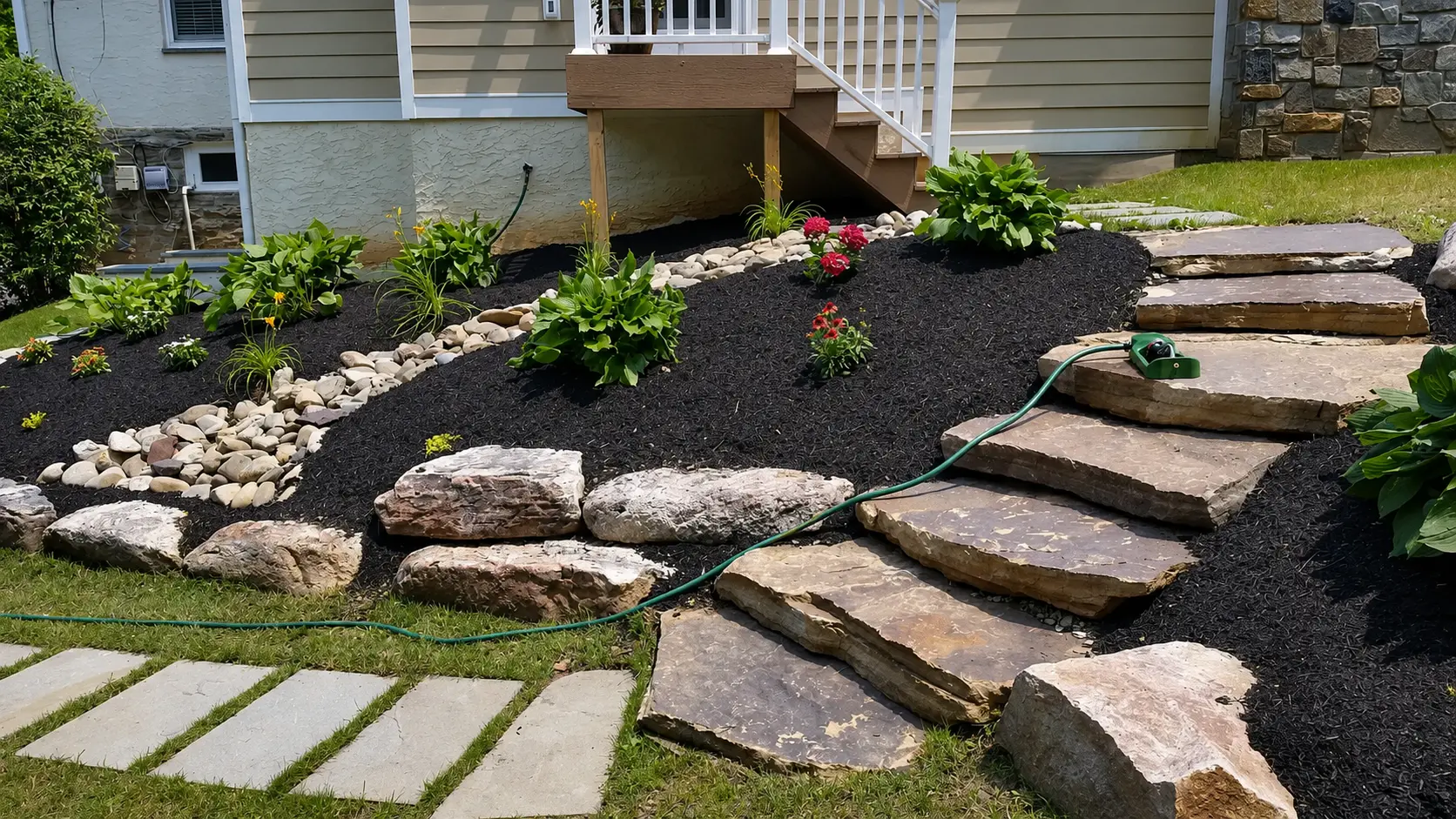 A finished residential stone path and planted garden