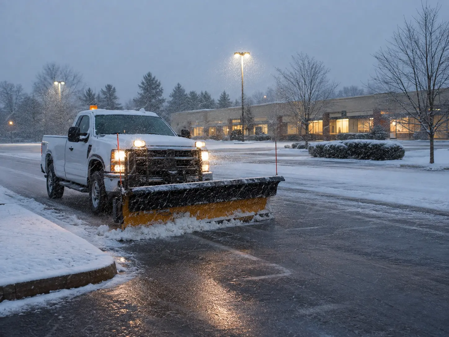 An unbranded snowplow clearing a suburban Pennsylvania property during winter weather